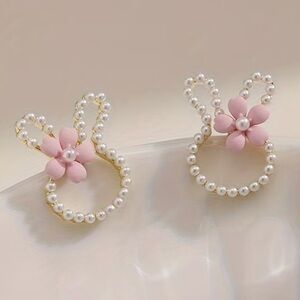 Pink Flower Pearl Bunny Earrings